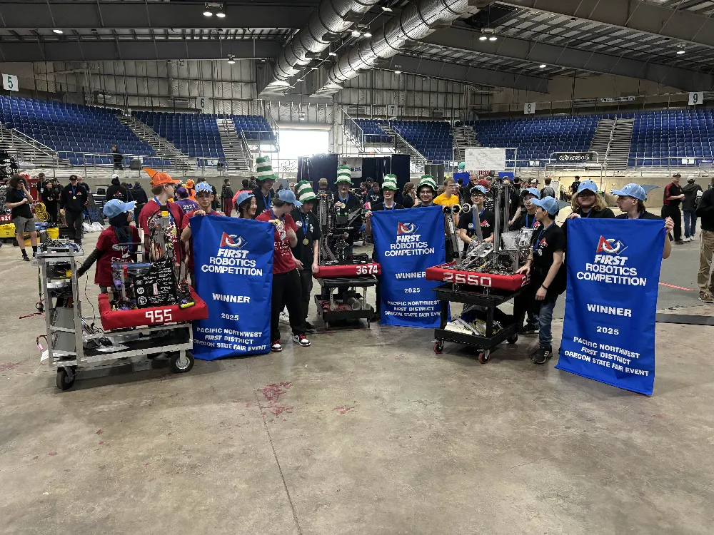 Skynet team with alliance teams and vicotry banner after winning first place at Salem 2025 tournament